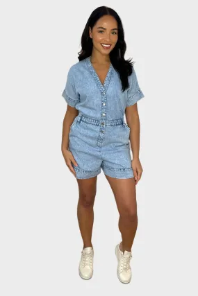 100% Cotton Sky Blue Denim Plunge Neckline Playsuit