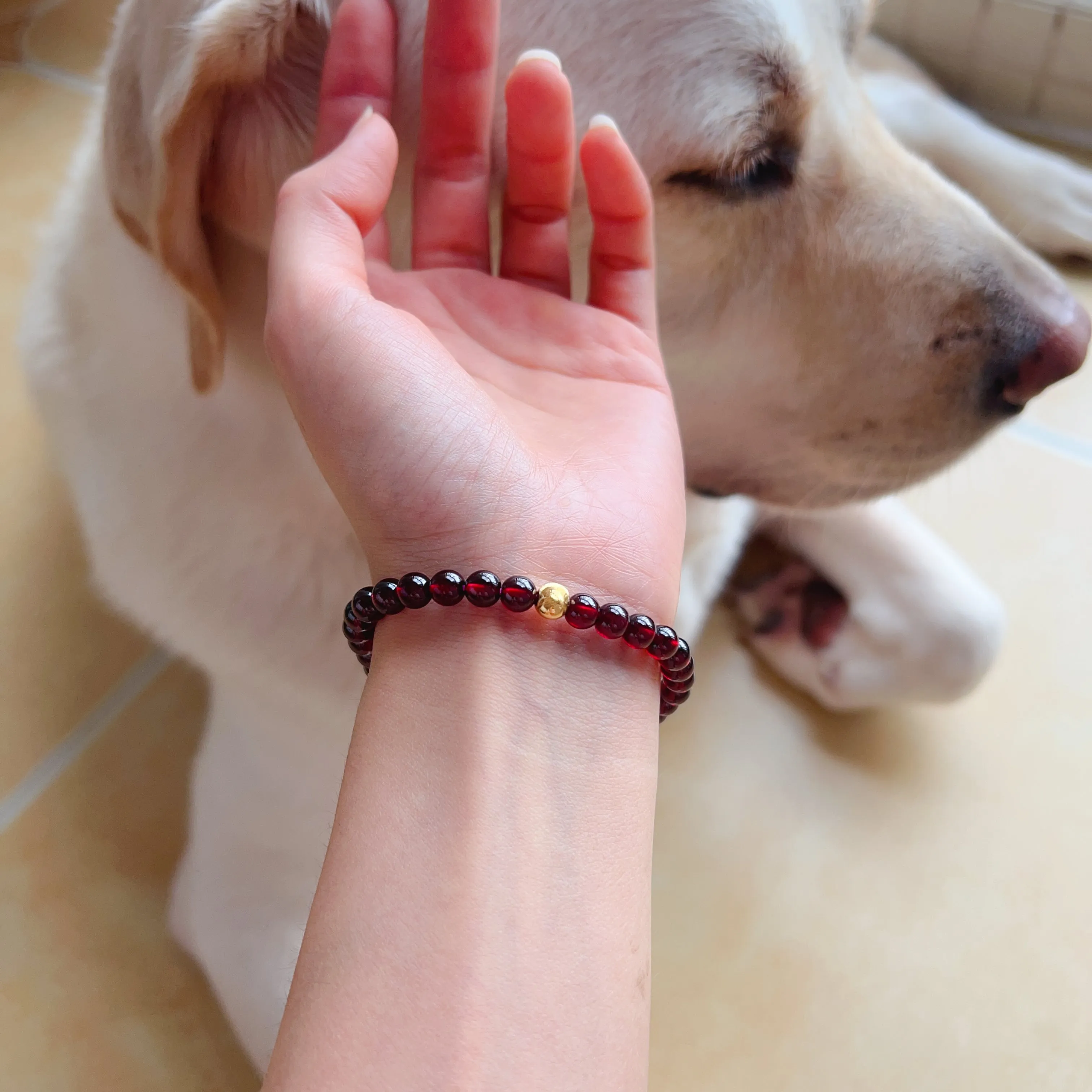 6mm Protection Red Garnet Bracelet with 18K Yellow Gold | Root Chakra Healing Stone Jewelry