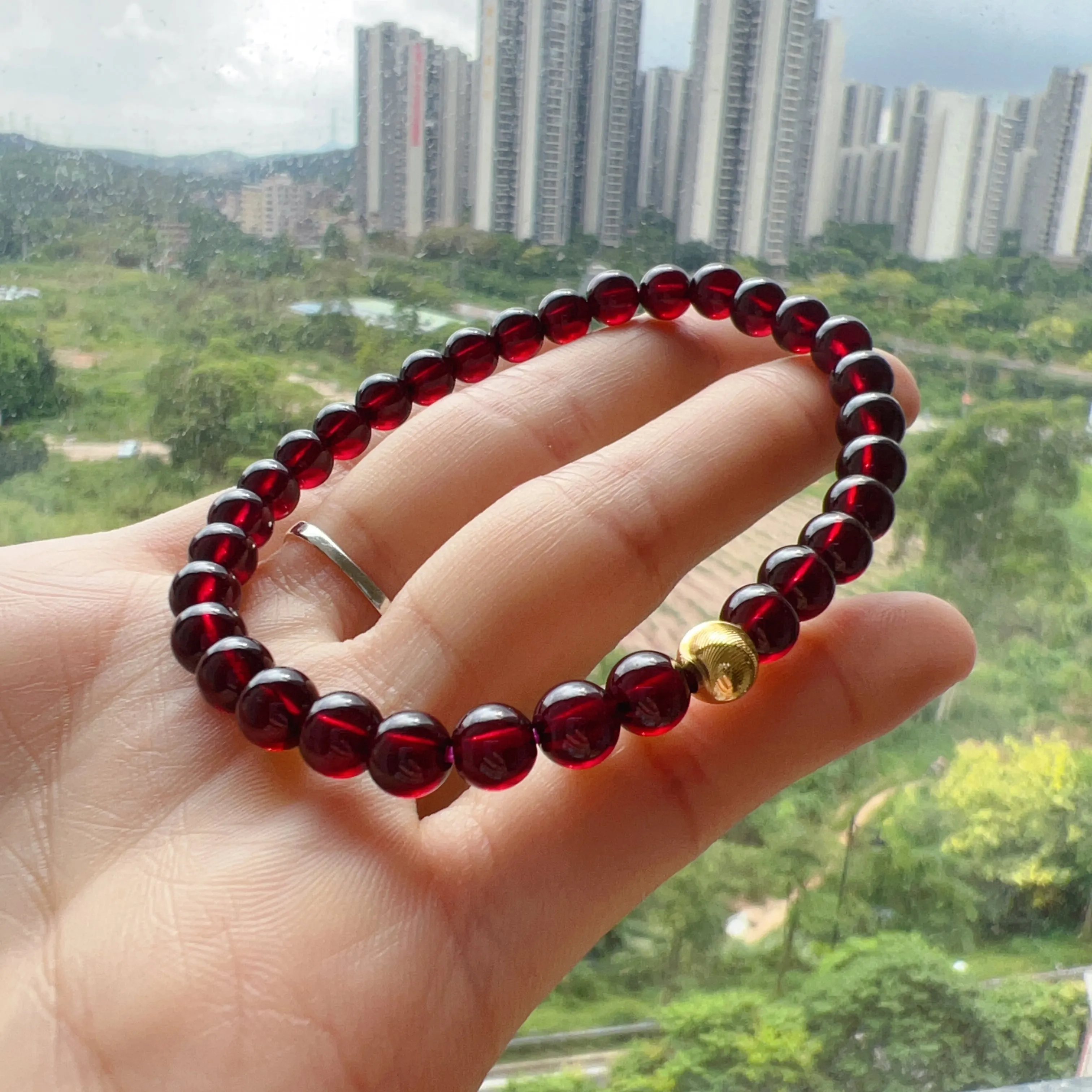 6mm Protection Red Garnet Bracelet with 18K Yellow Gold | Root Chakra Healing Stone Jewelry