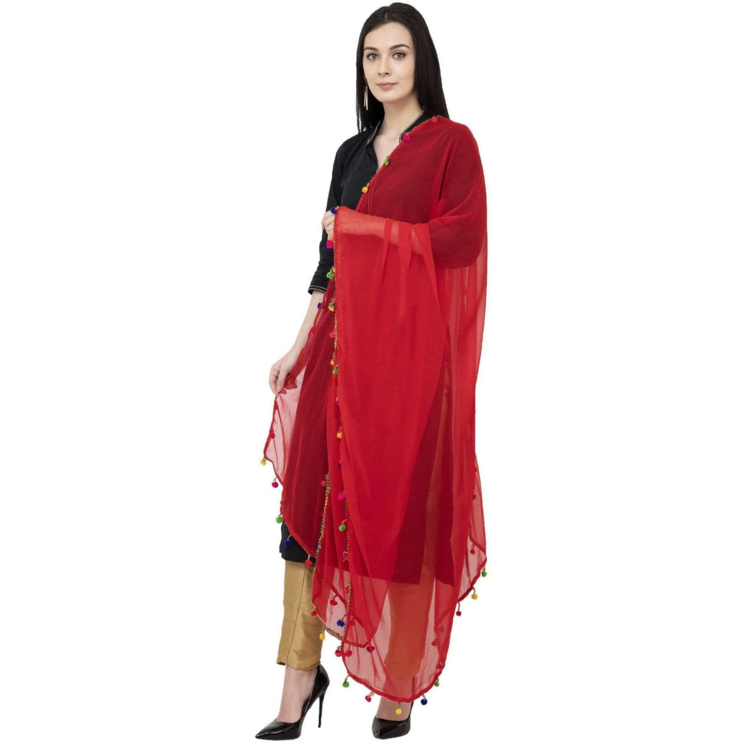 A R Silk Chiffon Multi Pum-2 Regular Dupatta Color Red Dupatta or Chunni