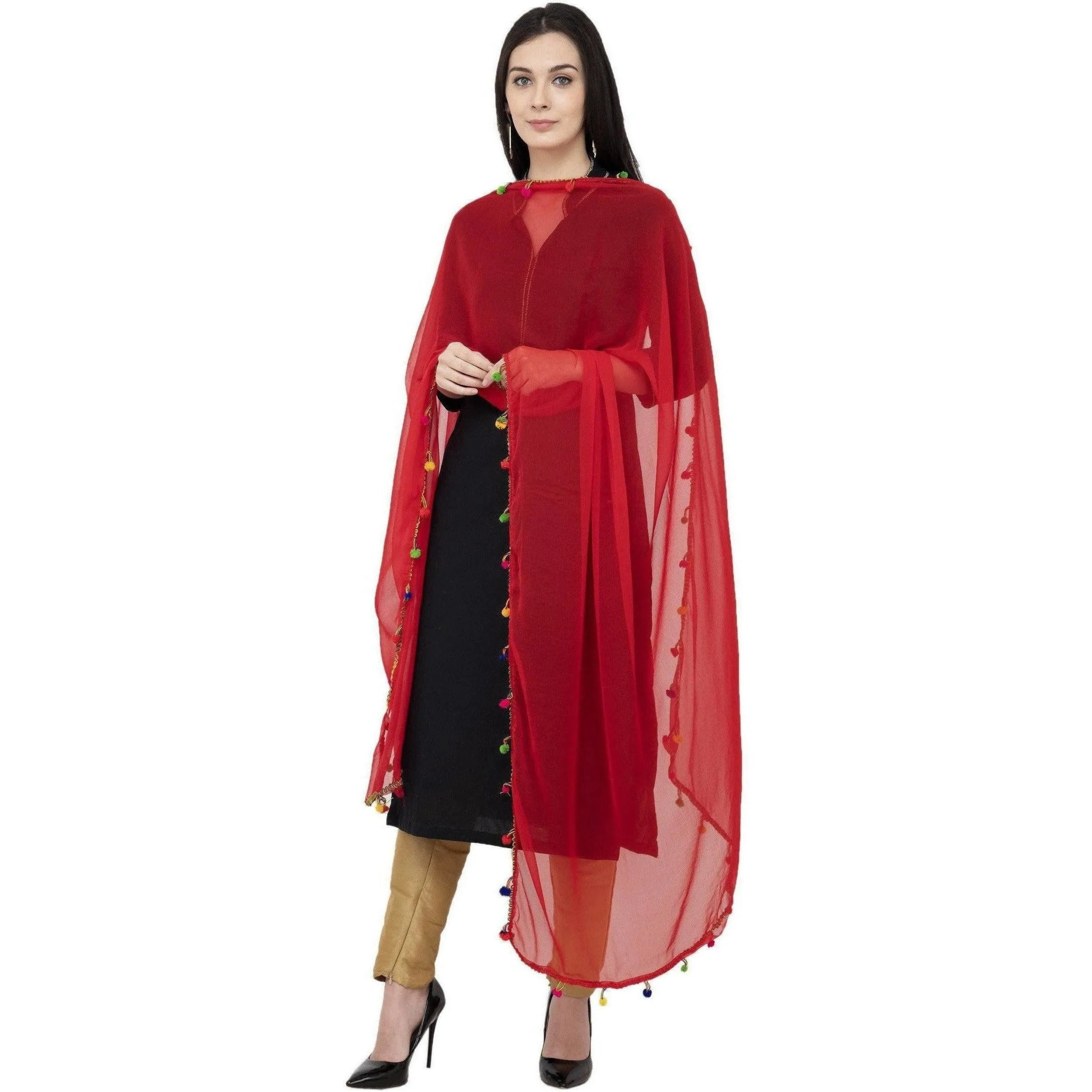 A R Silk Chiffon Multi Pum-2 Regular Dupatta Color Red Dupatta or Chunni