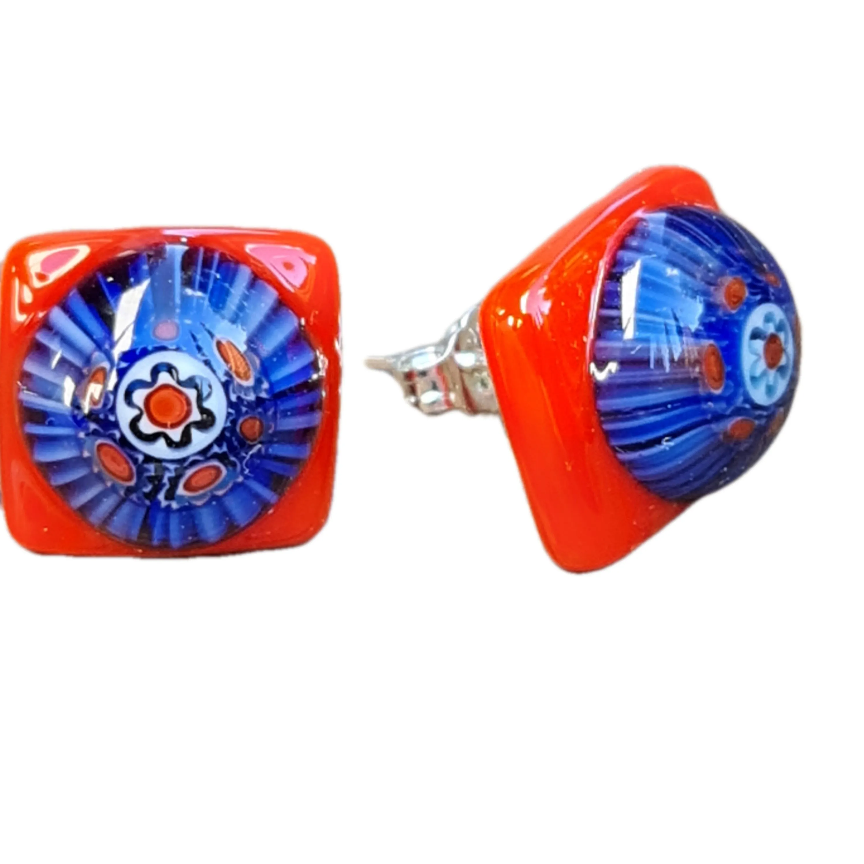 Artisan Glass stud earrings Millifiori red and blue