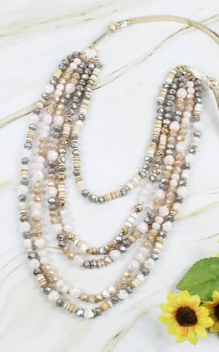 Beautiful Beige Earth Tones Crystal Beaded Necklace 5 strands