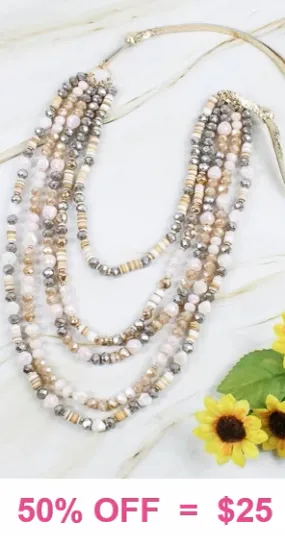 Beautiful Beige Earth Tones Crystal Beaded Necklace 5 strands