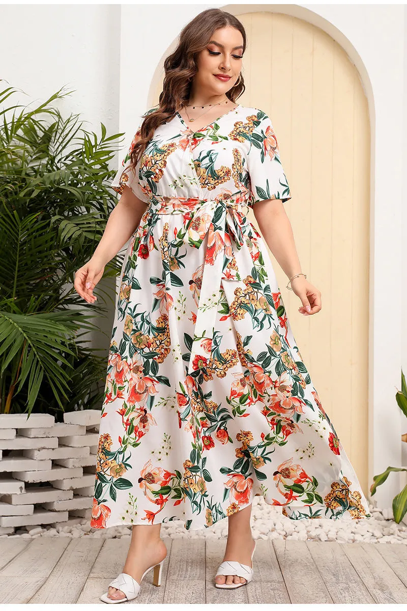 BerriesJam - 2024 Short Sleeve Floral Print V Neck Oversized Luxury Dress