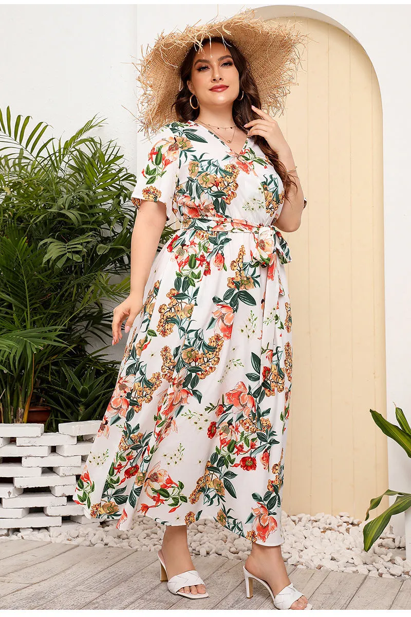 BerriesJam - 2024 Short Sleeve Floral Print V Neck Oversized Luxury Dress