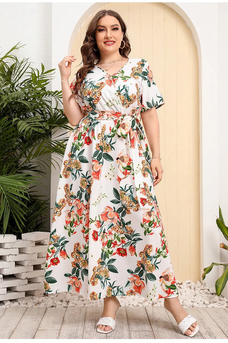 BerriesJam - 2024 Short Sleeve Floral Print V Neck Oversized Luxury Dress