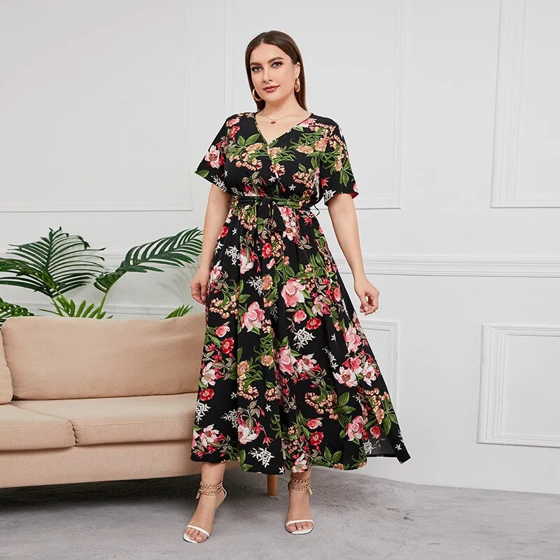 BerriesJam - 2024 Short Sleeve Floral Print V Neck Oversized Luxury Dress