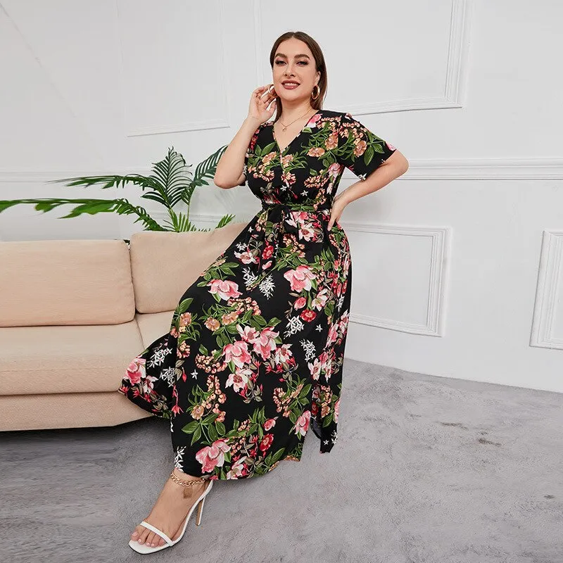 BerriesJam - 2024 Short Sleeve Floral Print V Neck Oversized Luxury Dress