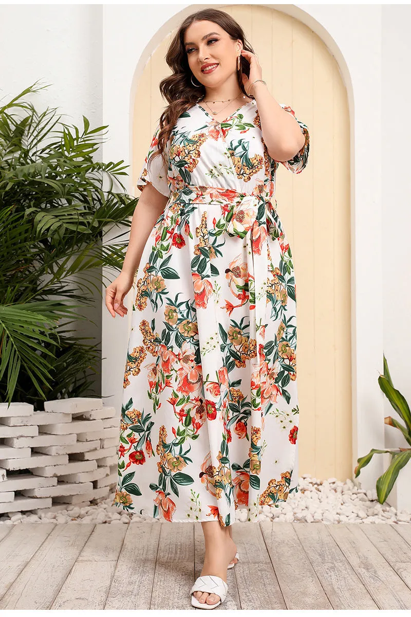 BerriesJam - 2024 Short Sleeve Floral Print V Neck Oversized Luxury Dress