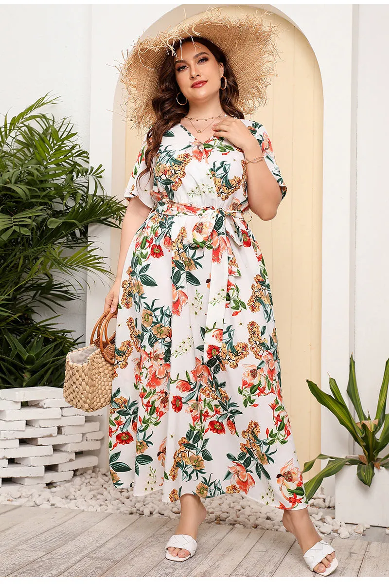 BerriesJam - 2024 Short Sleeve Floral Print V Neck Oversized Luxury Dress