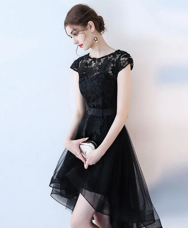 Black Lace Short Prom Dress, Hight Low Evening Dress