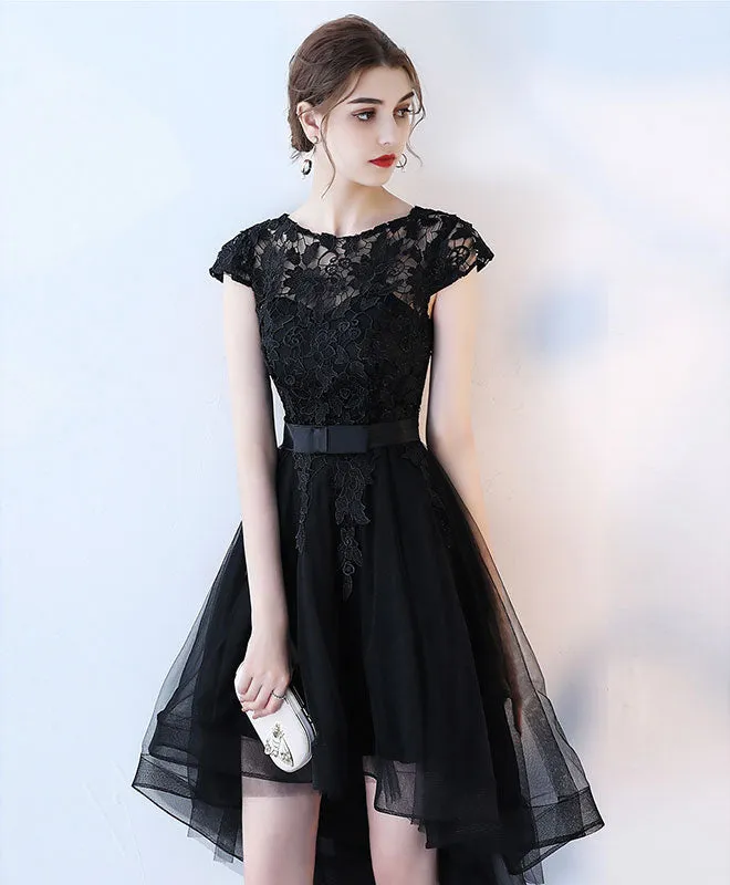 Black Lace Short Prom Dress, Hight Low Evening Dress