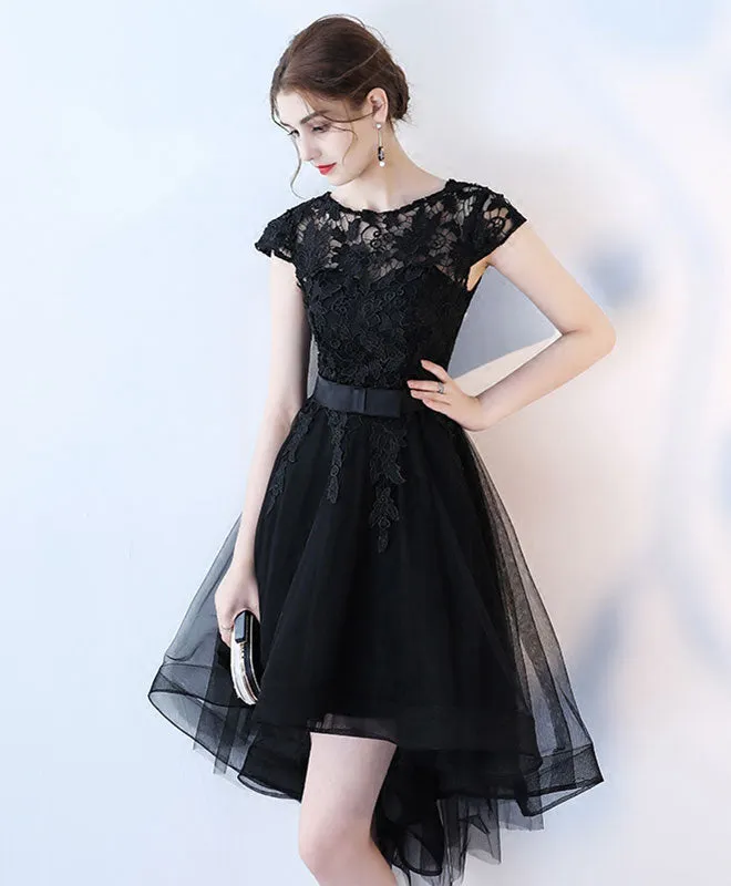 Black Lace Short Prom Dress, Hight Low Evening Dress