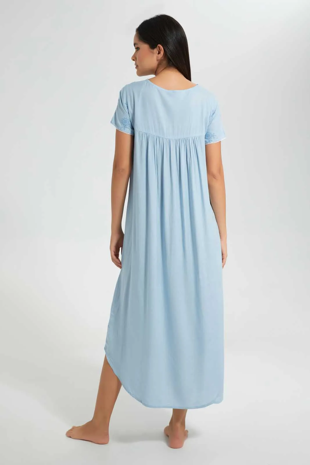 Blue Plain Nightgown With Embroidery