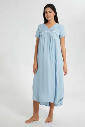 Blue Plain Nightgown With Embroidery