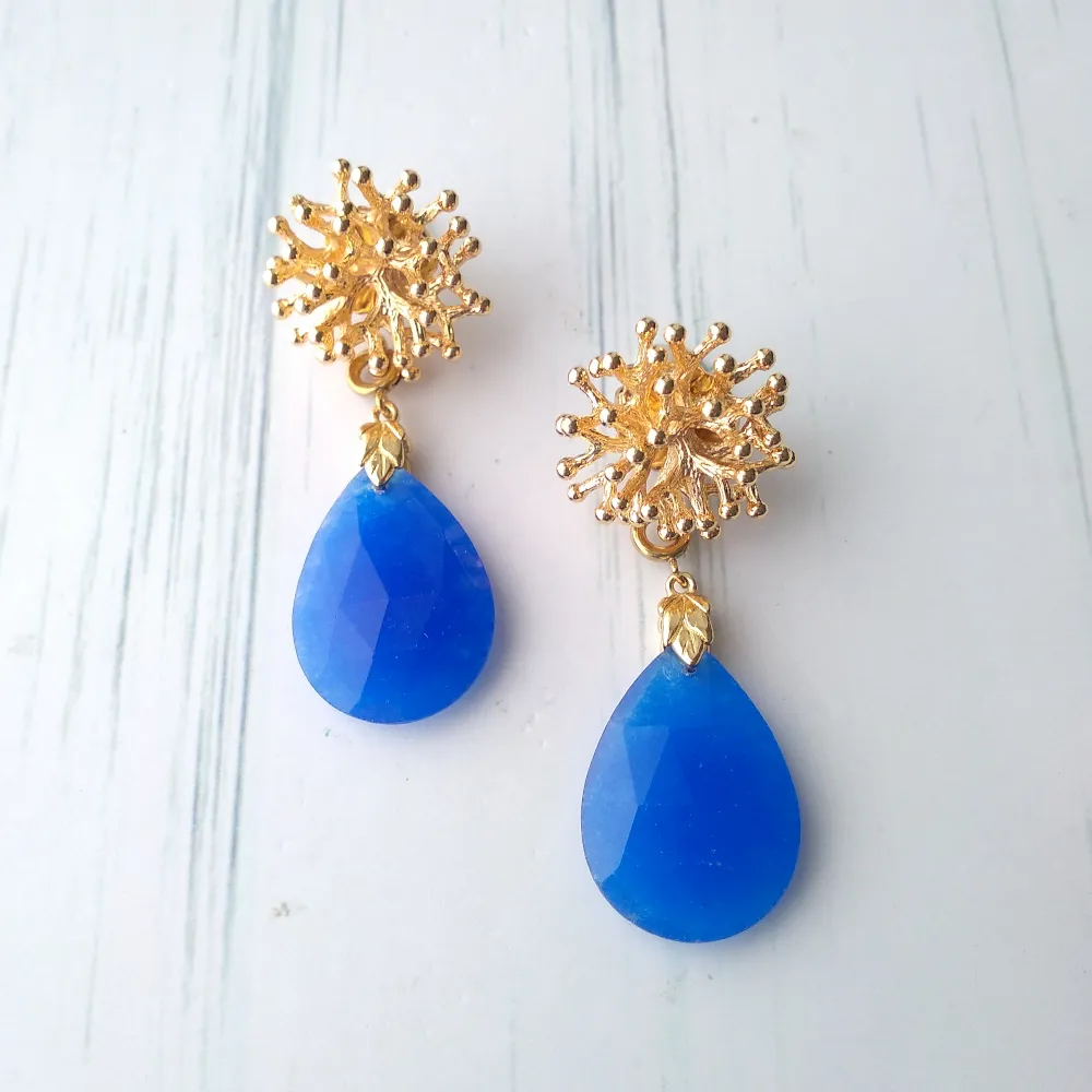 Branch Coral Stud with Teardrop Blue Jade Earrings