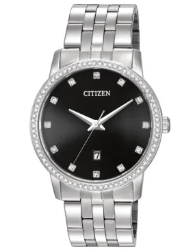 Citizen Quartz Mens Swarovski Crystal Dress- Stainless Steel - Black Dial - 50M