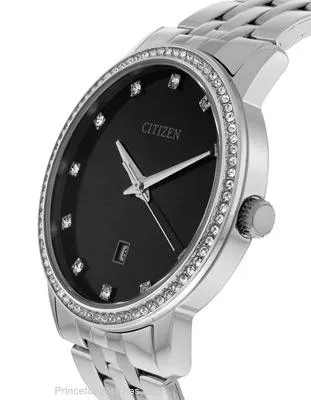 Citizen Quartz Mens Swarovski Crystal Dress- Stainless Steel - Black Dial - 50M