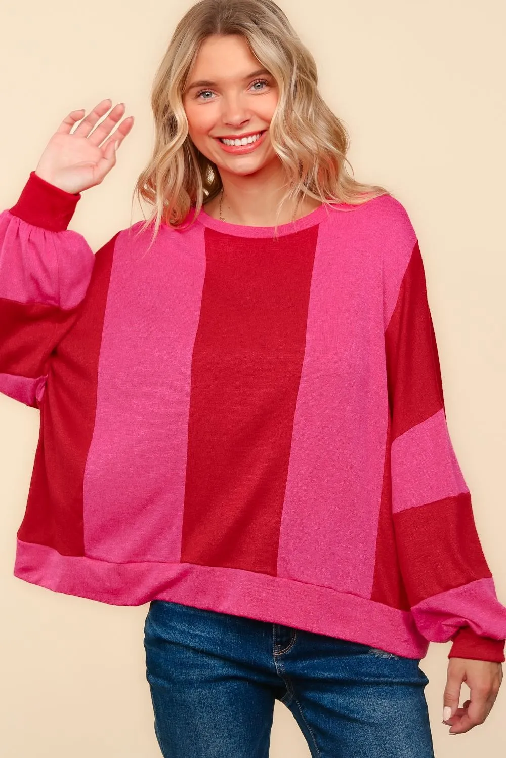 DROP SHOULDER VERTICAL COLOR BLOCK HACCI KNIT