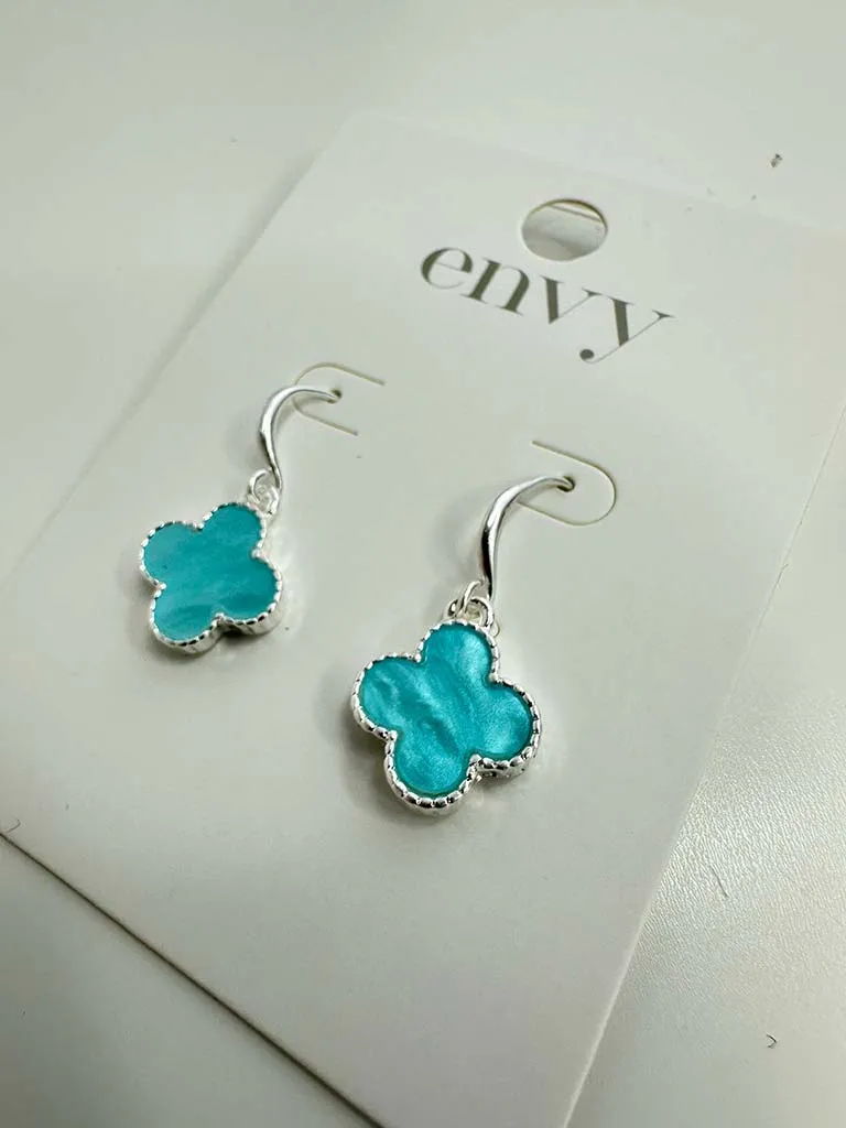 Envy Clover Drop Earrings - Silver & Aqua