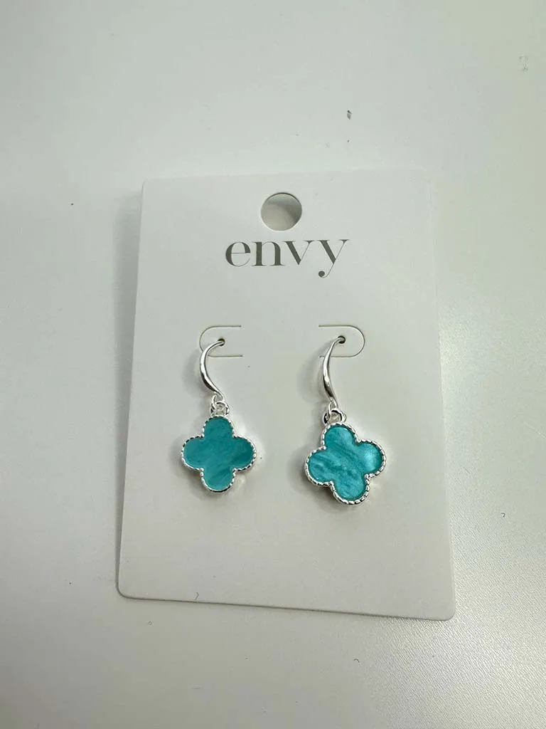 Envy Clover Drop Earrings - Silver & Aqua