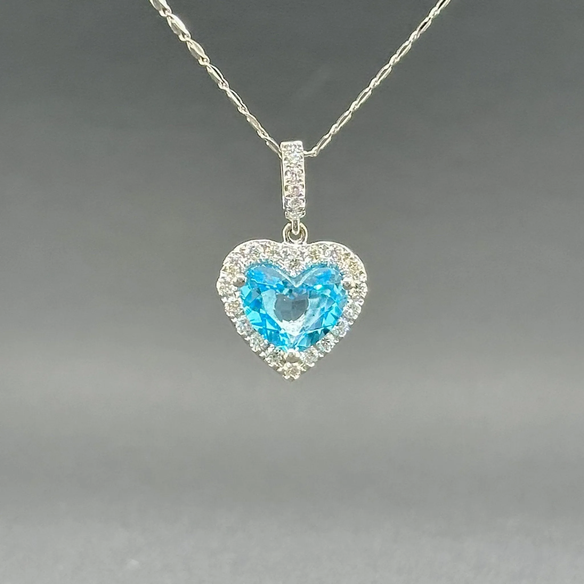 Estate 14K W Gold 1.77ct Blue Topaz & 0.23cttw G/SI1 Diamond Heart Pendant