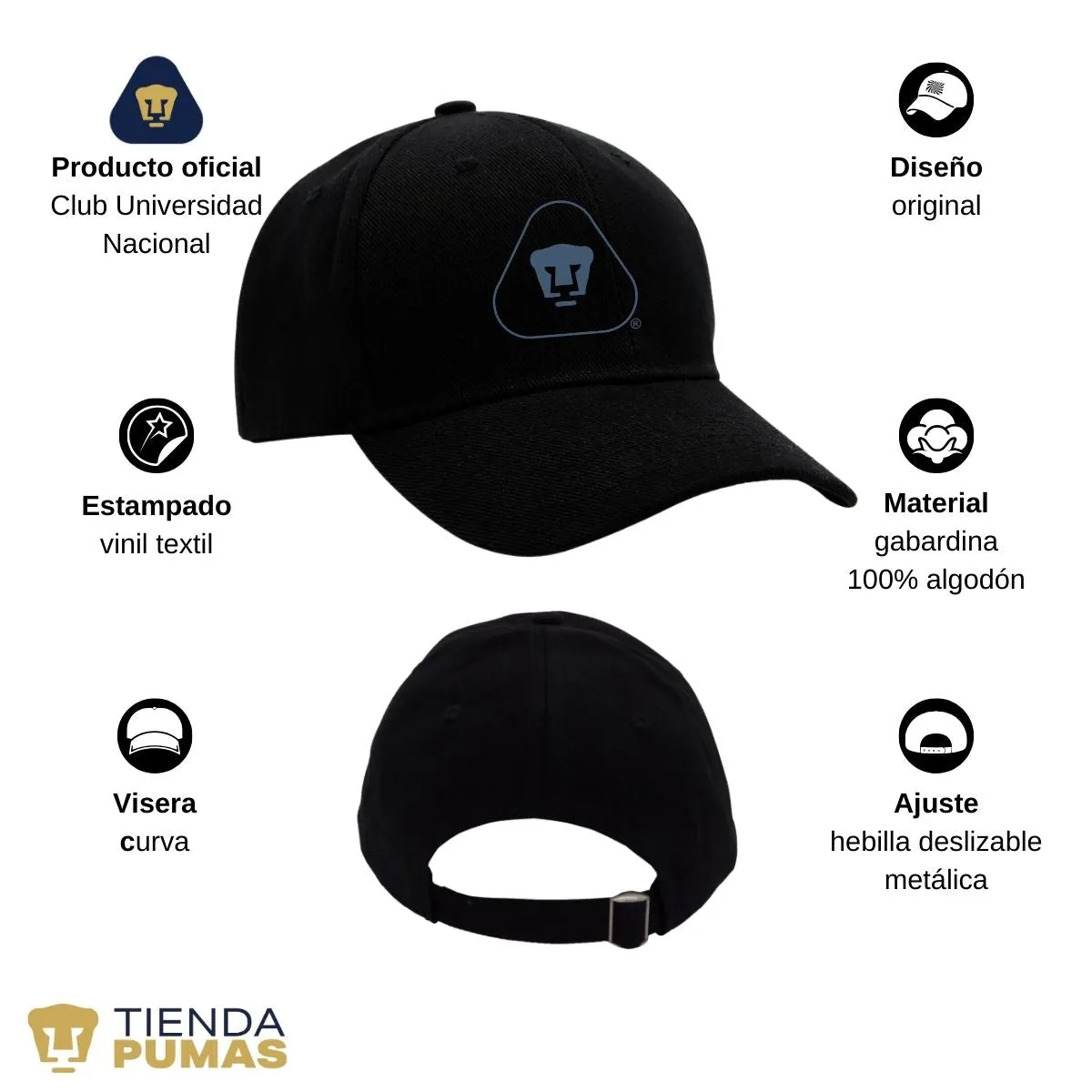 Gorra Pumas UNAM Hombre Mujer Ajustable Emblema Azul 6 Vinil