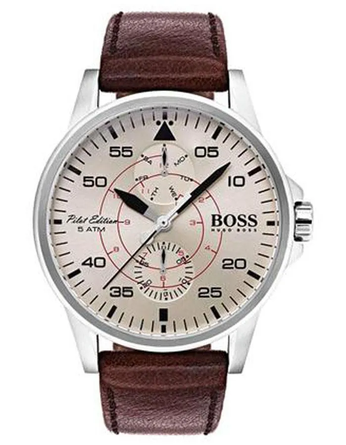 Hugo Boss Mens Aviator Watch - Stainless Steel -Brown Leather Strap -Day/Seconds