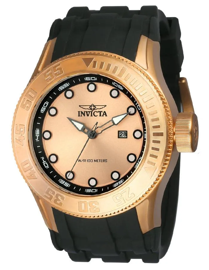 INVICTA Pro Diver Mens - Rose Gold-Tone - Black Rubber Strap - Date - 100m