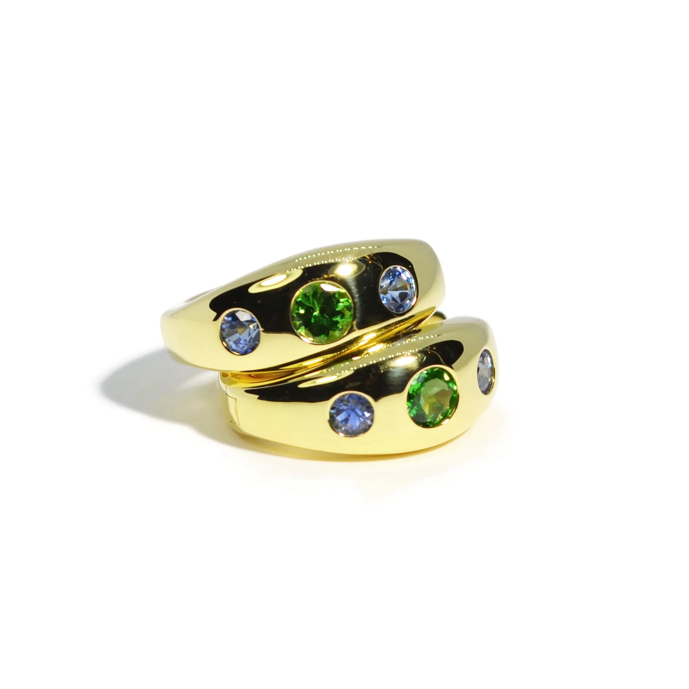 Lauren K - Gypsy Hoop Earrings with Tsavorite Garnet and Blue Sapphire, 18k Yellow Gold