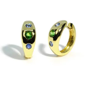 Lauren K - Gypsy Hoop Earrings with Tsavorite Garnet and Blue Sapphire, 18k Yellow Gold