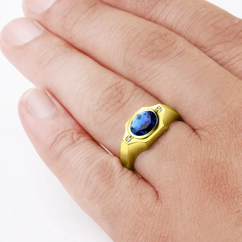 Men's Ring with Blue Sapphire and Diamonds in 14k Yellow Gold