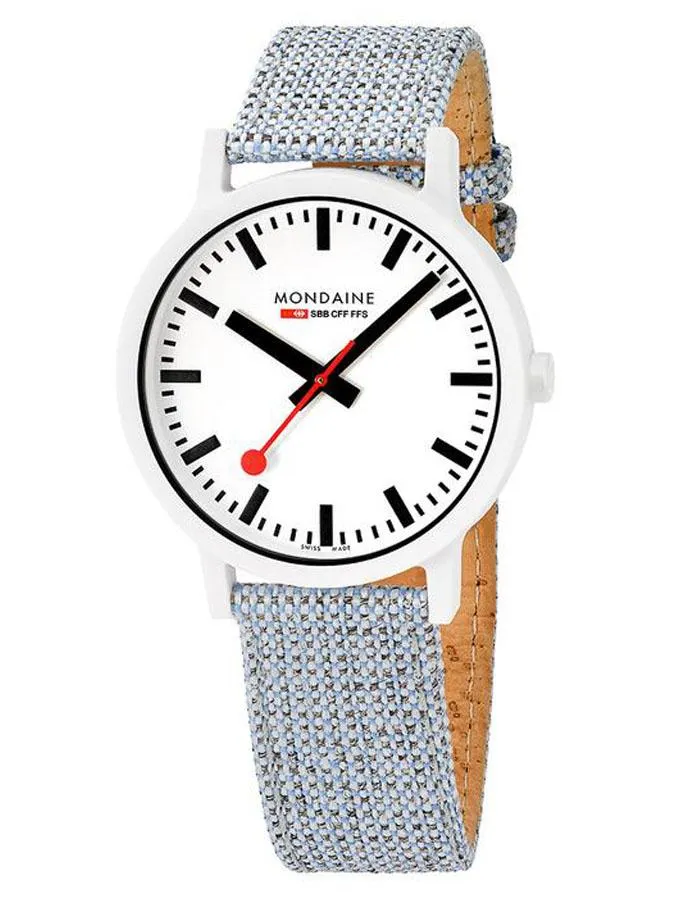 Mondaine Essence Mens Watch - White Case - Cork Lined Fabric Strap - 41mm