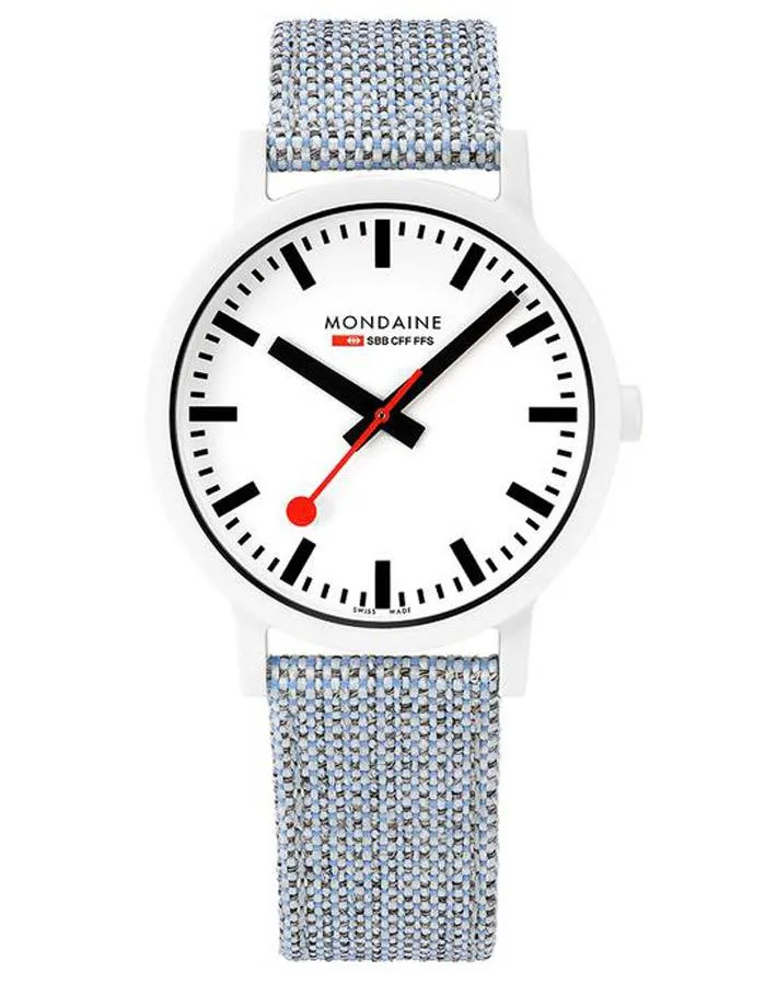 Mondaine Essence Mens Watch - White Case - Cork Lined Fabric Strap - 41mm