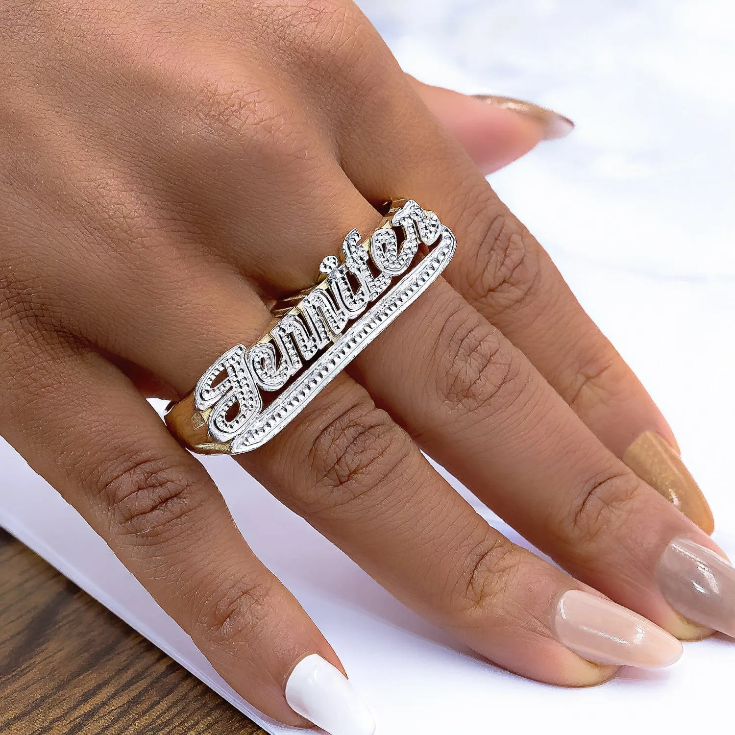 Personalized Two Finger Name Ring  Cassandra - Unisex