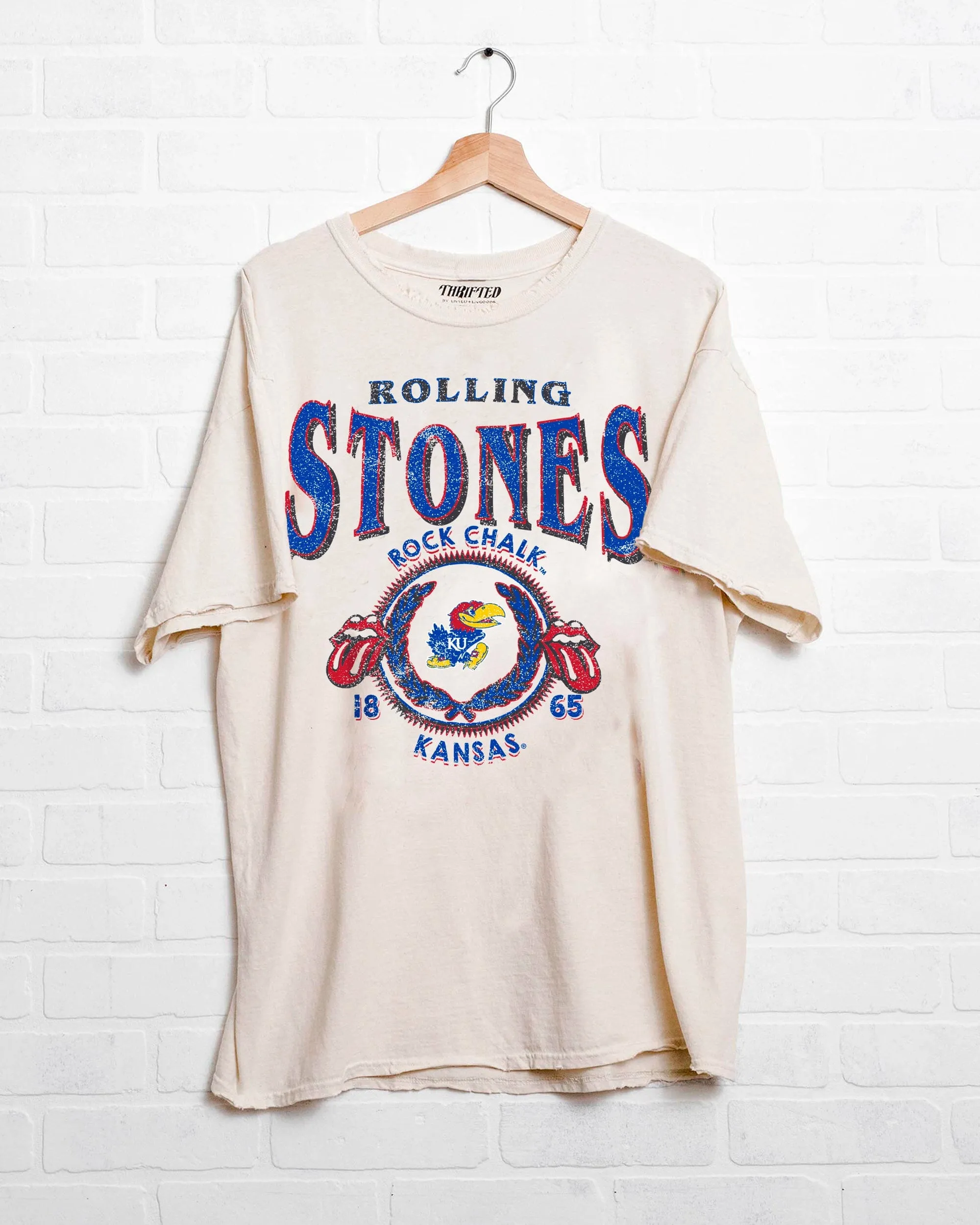 Rolling Stones KU Jayhawks College Seal Off White Thrifted Tee