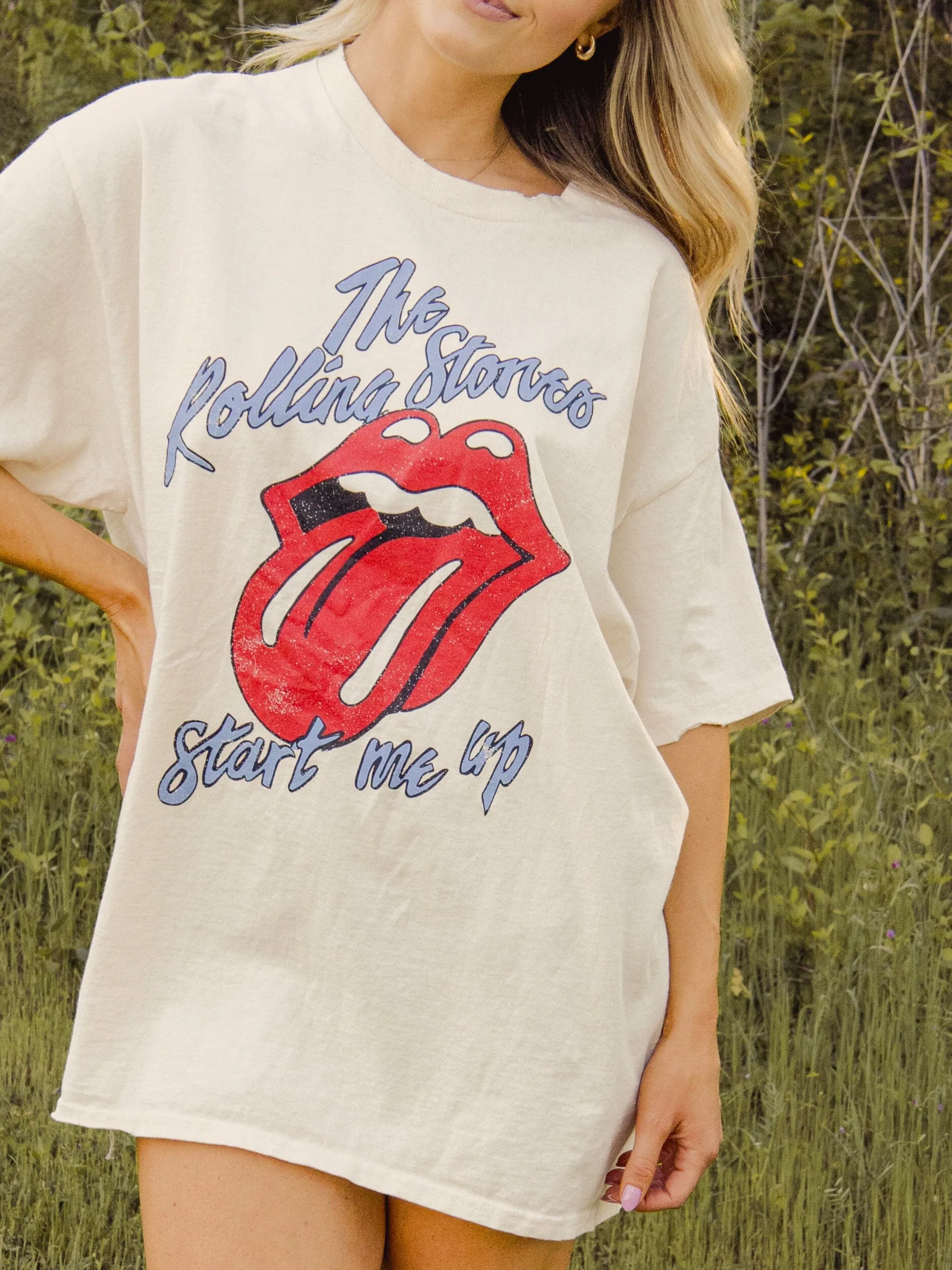 Rolling Stones Start Me Up Off White Thrifted Distressed Tee