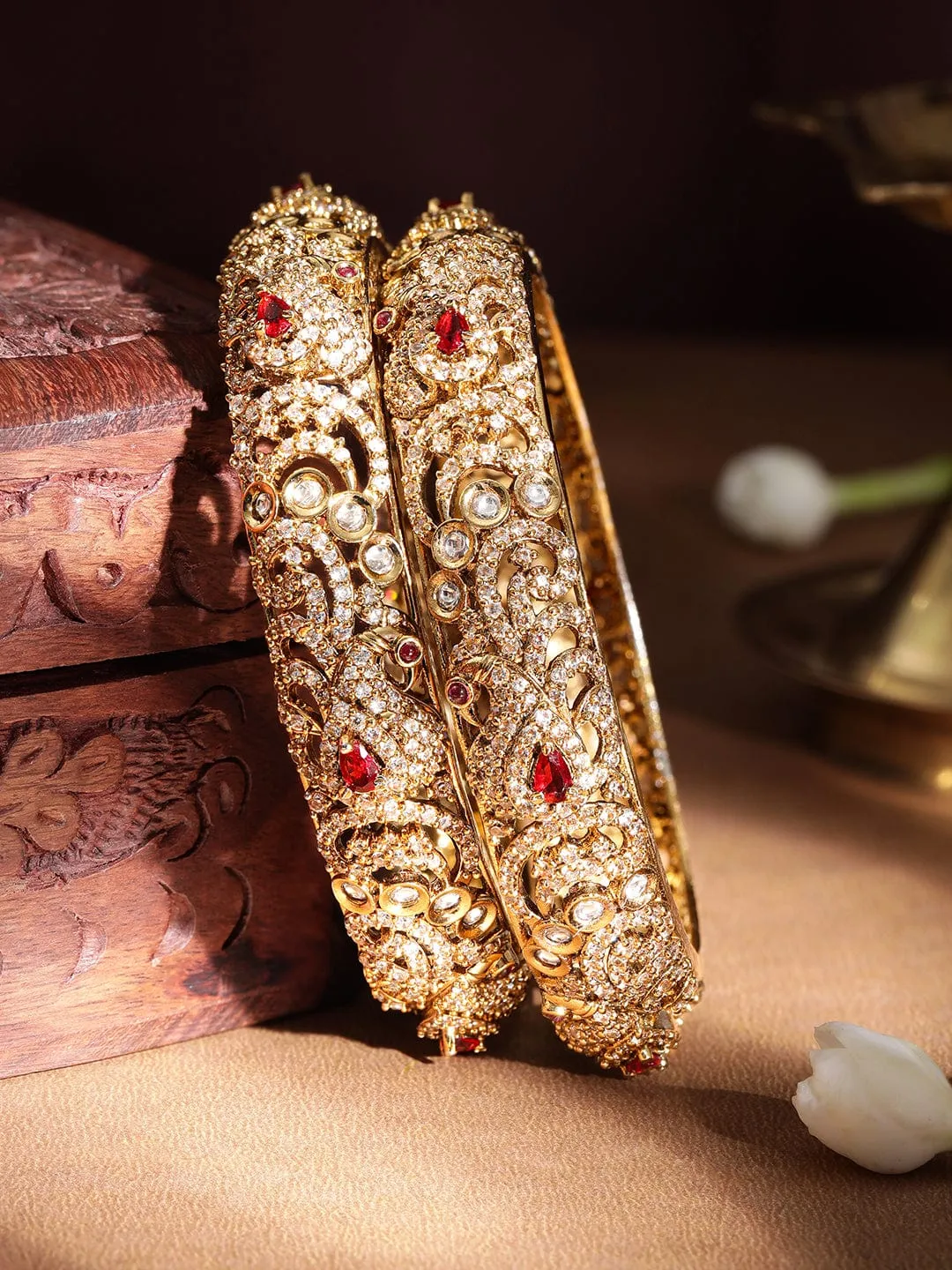 Rubans Set Of 2, 22K Gold Plated Zirconia With Kemp Crystals Luxury Handcrafted Bangles