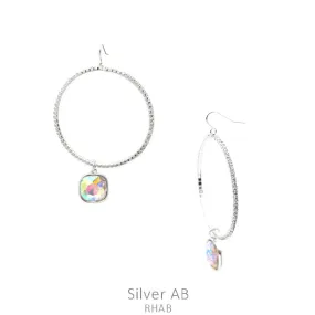 Silver Bling Hoop Earrings with AB Dangle Crystal Rhinestone Charm