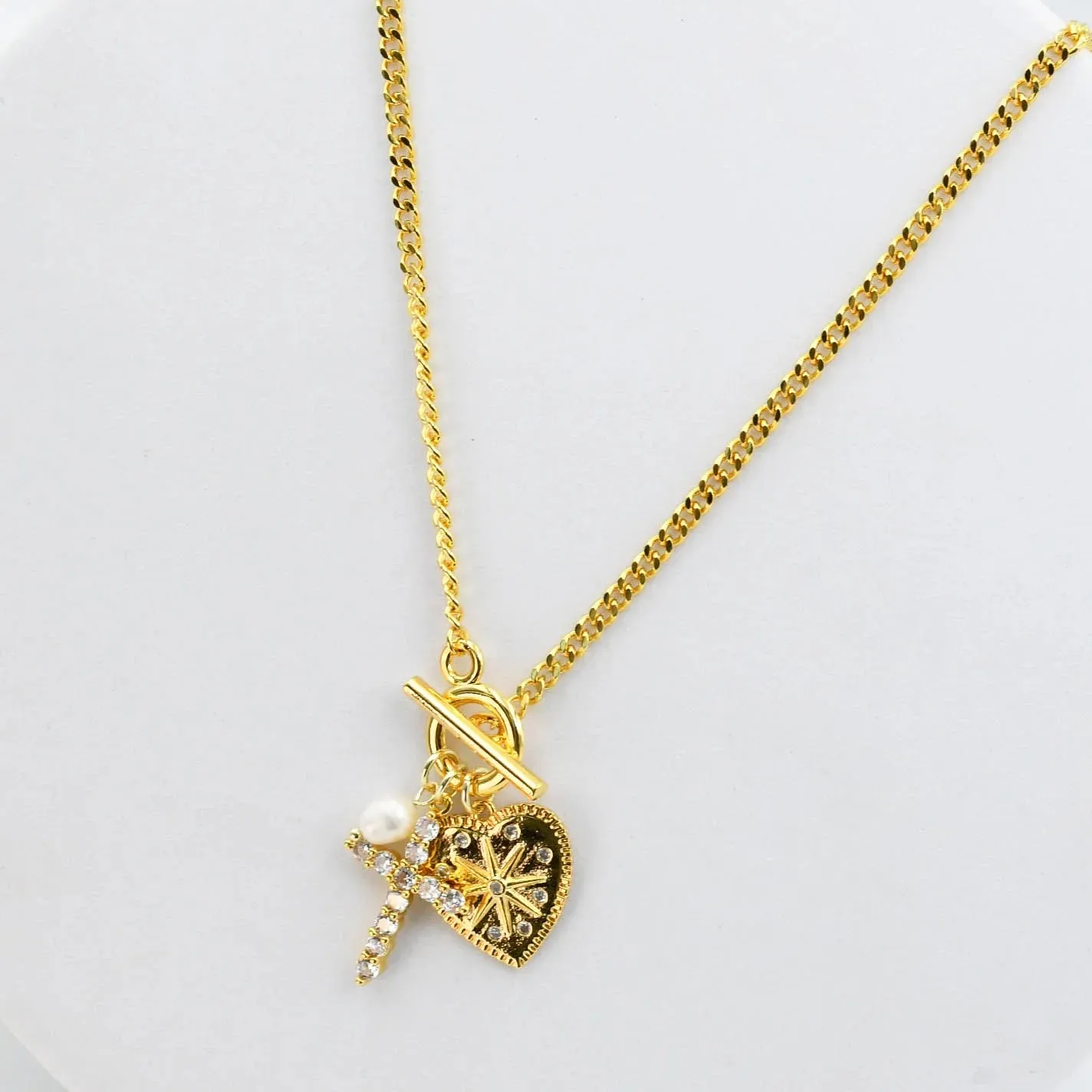 Treasure Jewels - Crystal Heart Cross Charms Necklace - PREORDER