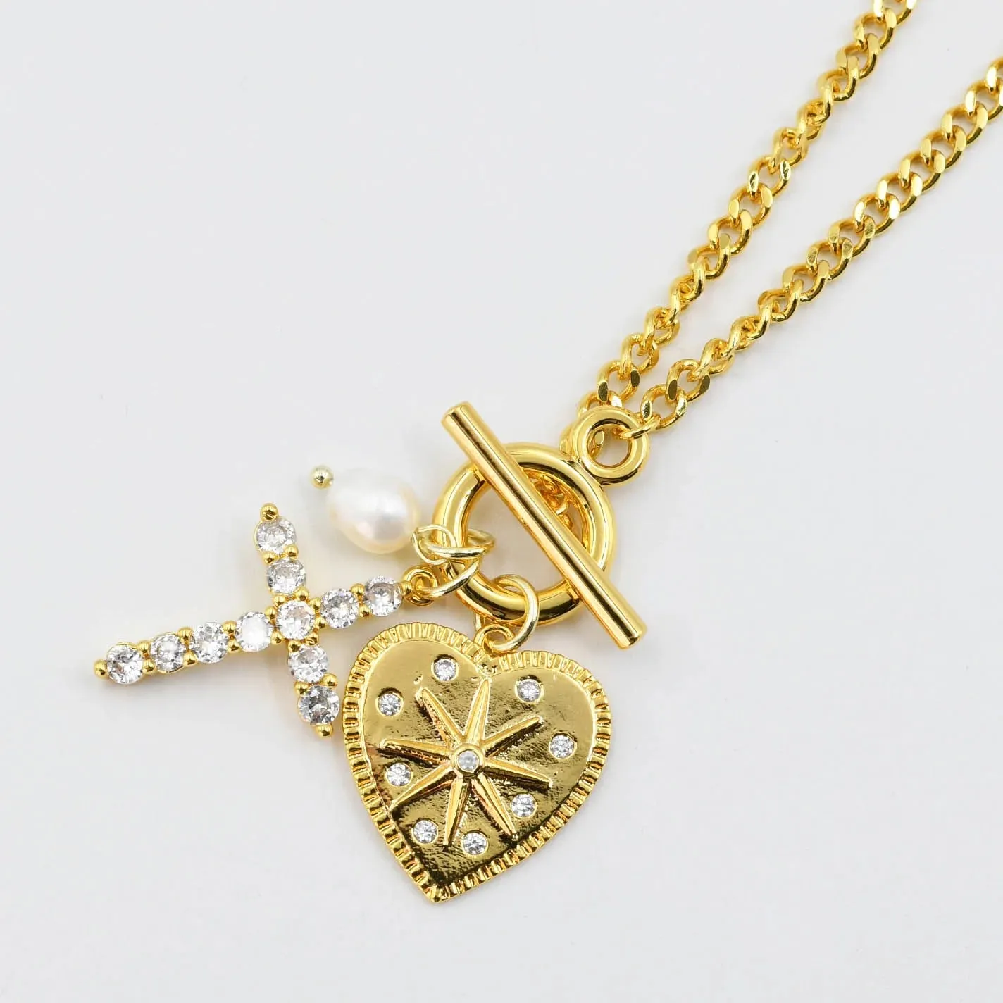 Treasure Jewels - Crystal Heart Cross Charms Necklace - PREORDER